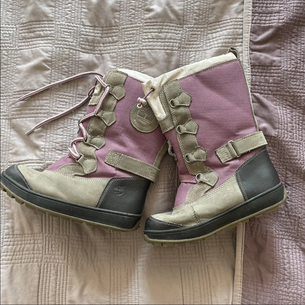 timberland purple Gray waterproof lace up girls Snow boots size 1 Leather